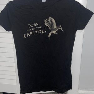 “Down with the Capitol!” Shirt. Black and Tan. Size medium.